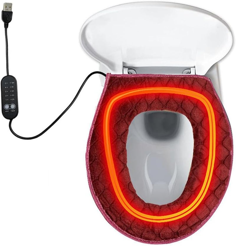 Wine Red Heated Toilet Seat Cover 5 Temperature Levels Adjustable Timer Washable Bathroom Warmer - Image 4